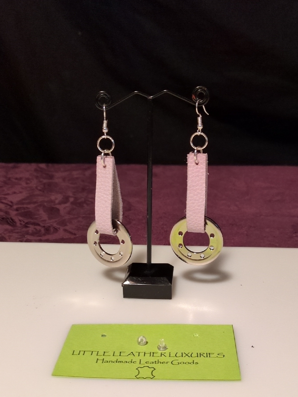 Handmade Lavender Pink Genuine Leather and Gunmetal Silver Ring Drop Earrings